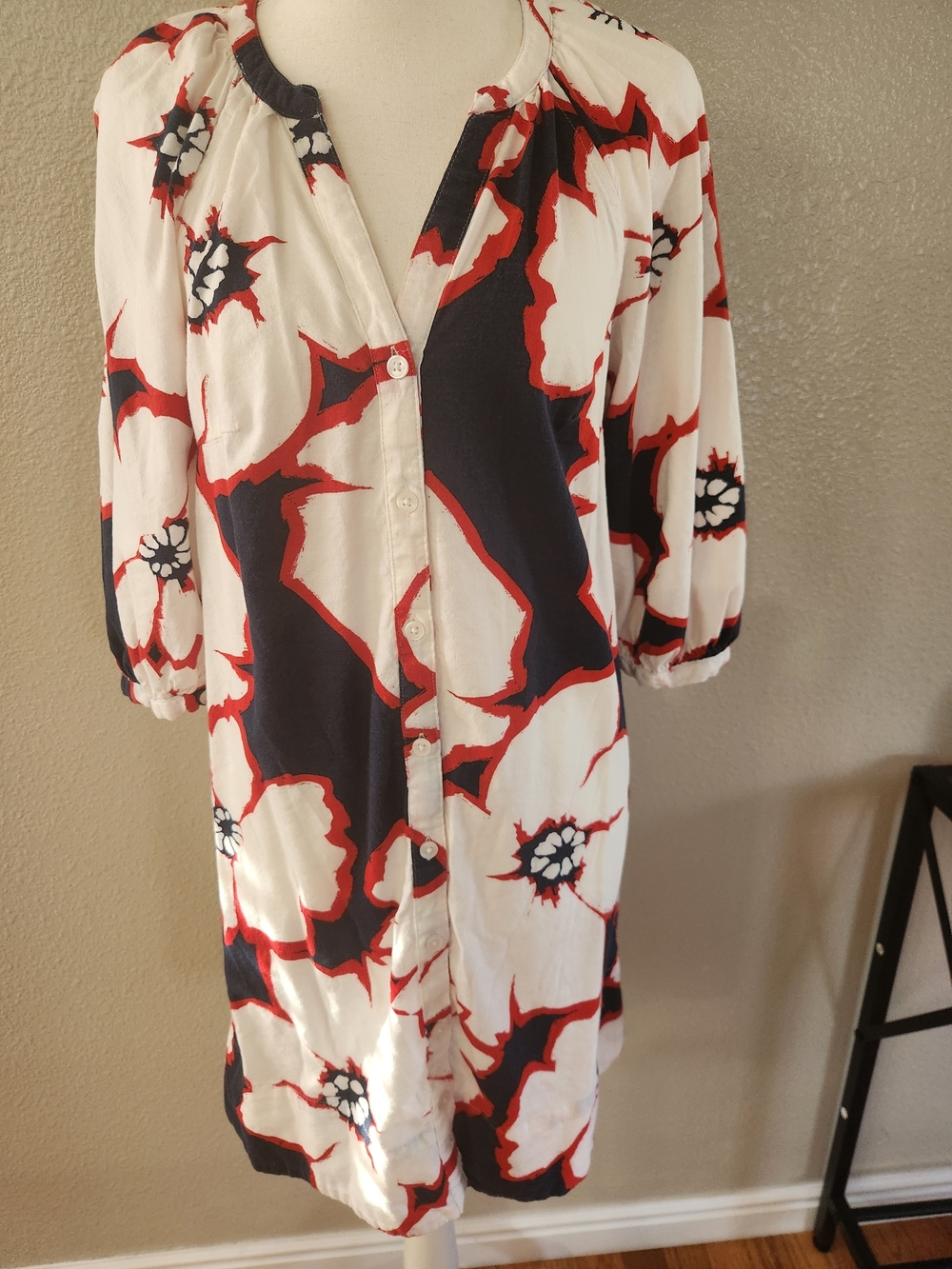 Sonoma White Midi Dress with Red & Navy Floral Motif